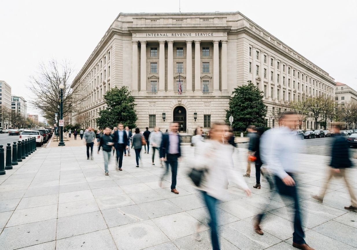 Pedestrians outside the Internal Revenue Service building